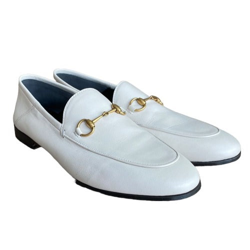 NEW GUCCI Brixton White Leather Horsebit Loafers, Size 40