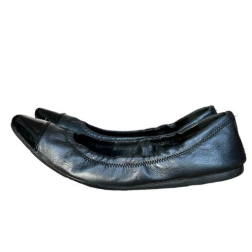 PRADA Sport Black Leather, Patent Leather Cap Toe Ballet Flats, Size 36