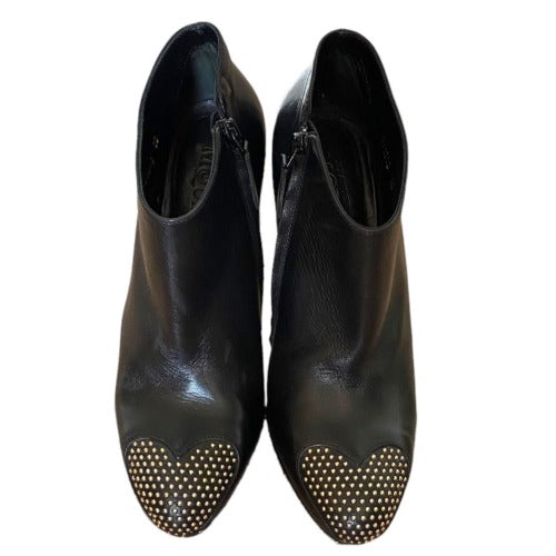 ALEXANDER MCQUEEN Black Leather Studded Heart-Toe Platform Bootie, Size 39