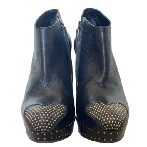 ALEXANDER MCQUEEN Black Leather Studded Heart-Toe Platform Bootie, Size 39