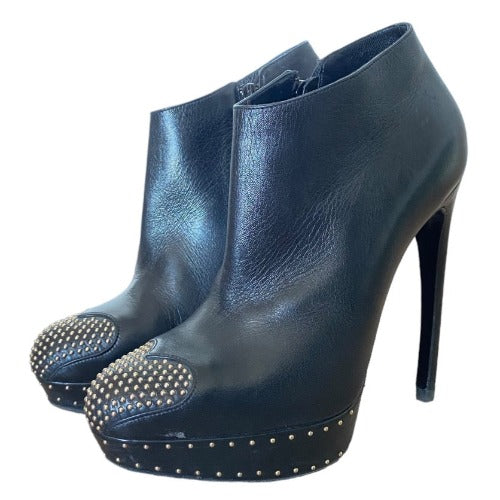 ALEXANDER MCQUEEN Black Leather Studded Heart-Toe Platform Bootie, Size 39