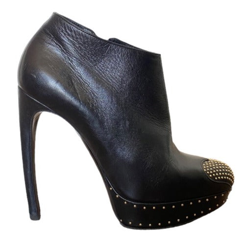 ALEXANDER MCQUEEN Black Leather Studded Heart-Toe Platform Bootie, Size 39