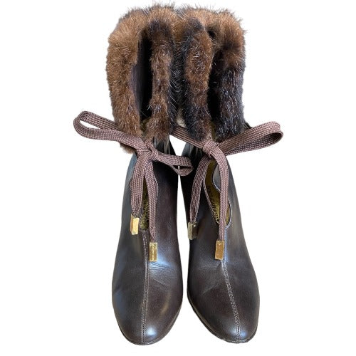DOLCE&GABBANA Brown Leather Fur Cuff Lace Up Leather Heeled Boots, Size 38