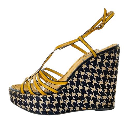 YSL SAINT LAURENT Yellow Leather Houndstooth Satin Wedge Heel Sandals, Size 38