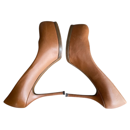 YSL YVES SAINT LAURENT Brown Leather Tribtoo Tribute Platform Pumps Size 38.5