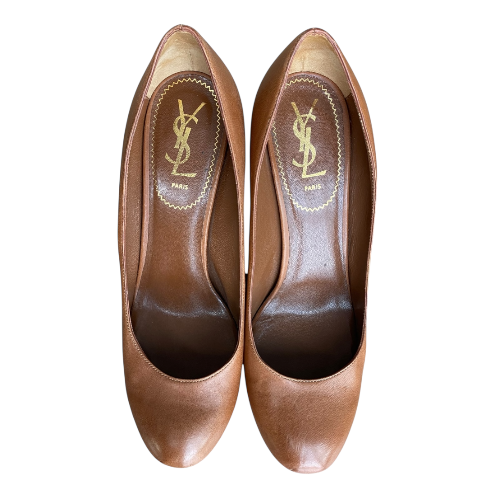 YSL YVES SAINT LAURENT Brown Leather Tribtoo Tribute Platform Pumps Size 38.5