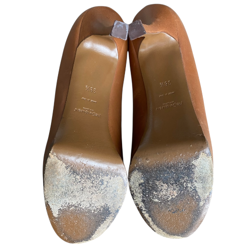 YSL YVES SAINT LAURENT Brown Leather Tribtoo Tribute Platform Pumps Size 38.5