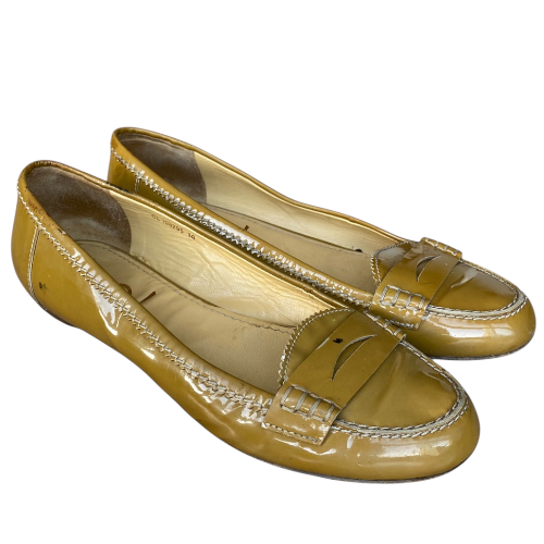 YSL YVES SAINT LAURENT Olive Green Patent Leather Flat Loafers, Size 38
