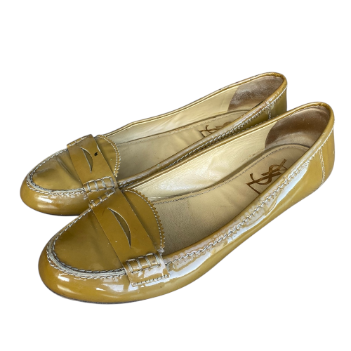 YSL YVES SAINT LAURENT Olive Green Patent Leather Flat Loafers, Size 38