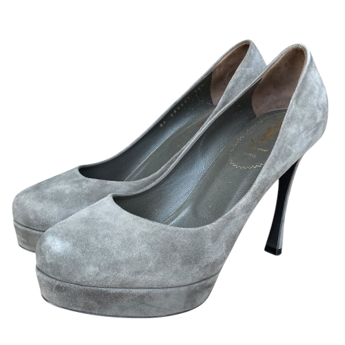 YVES SAINT LAURENT Gray Suede Platform Pumps, Size 38.5