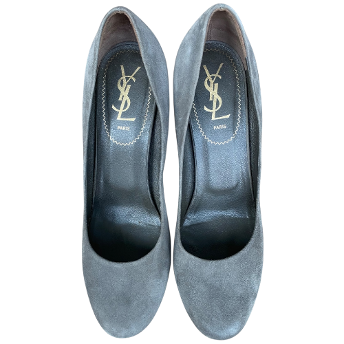 YVES SAINT LAURENT Gray Suede Platform Pumps, Size 38.5