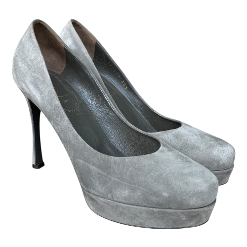 YVES SAINT LAURENT Gray Suede Platform Pumps, Size 38.5