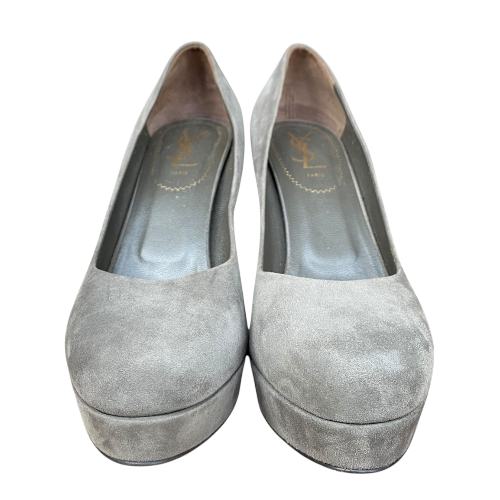 YVES SAINT LAURENT Gray Suede Platform Pumps, Size 38.5