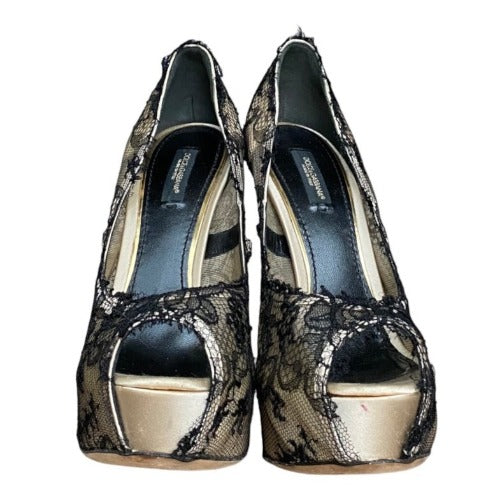 DOLCE & GABBANA Beige Satin, Black Lace Platform Peep Toe Pumps, Size 38.5