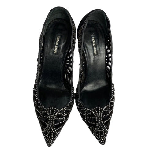 GIORGIO ARMANI Crystal Embellished Black Suede Pointed Toe Laser Cut Pumps, Size 36