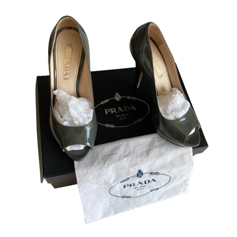 PRADA Gray Patent Leather Peep Toe Platform Pumps, Size 36