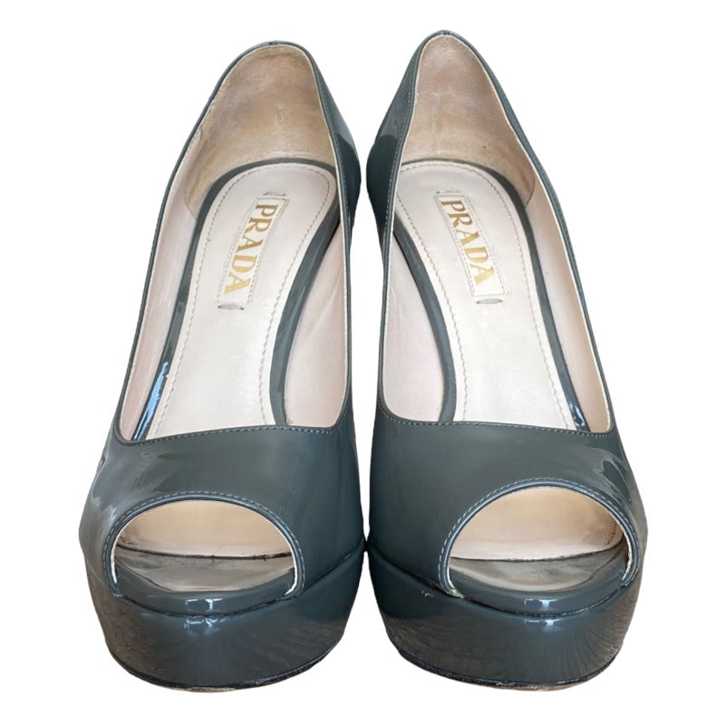 PRADA Gray Patent Leather Peep Toe Platform Pumps, Size 36