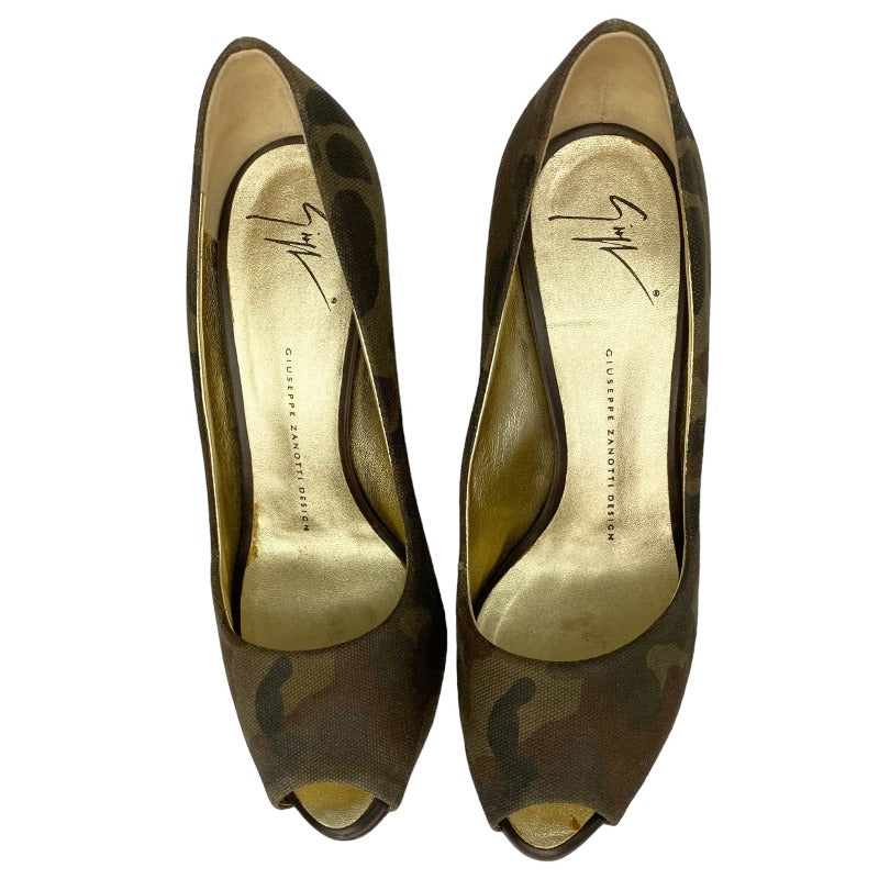 GIUSEPPE ZANOTTI Camouflage Green Brown Fabric Peep Toe Wooden Heels, Size 39
