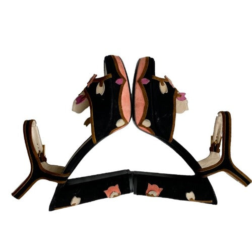 PRADA Floral Black  Suede High Heel Platform Sandals, Size 40.5