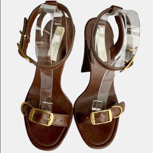 NEW $795 STELLA MCCARTNEY Brown Ankle Wrap Platform Cork Sandals, Size 40.5