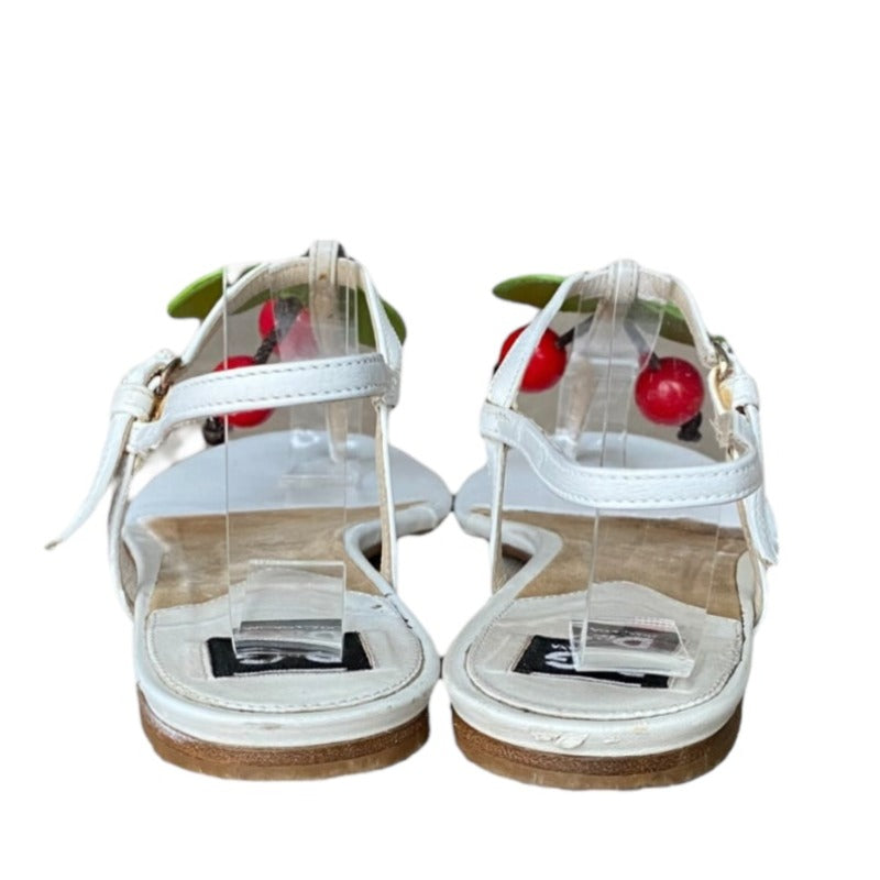 DOLCE & GABBANA White Leather Cherry Flat Thong Sandals, Size 37