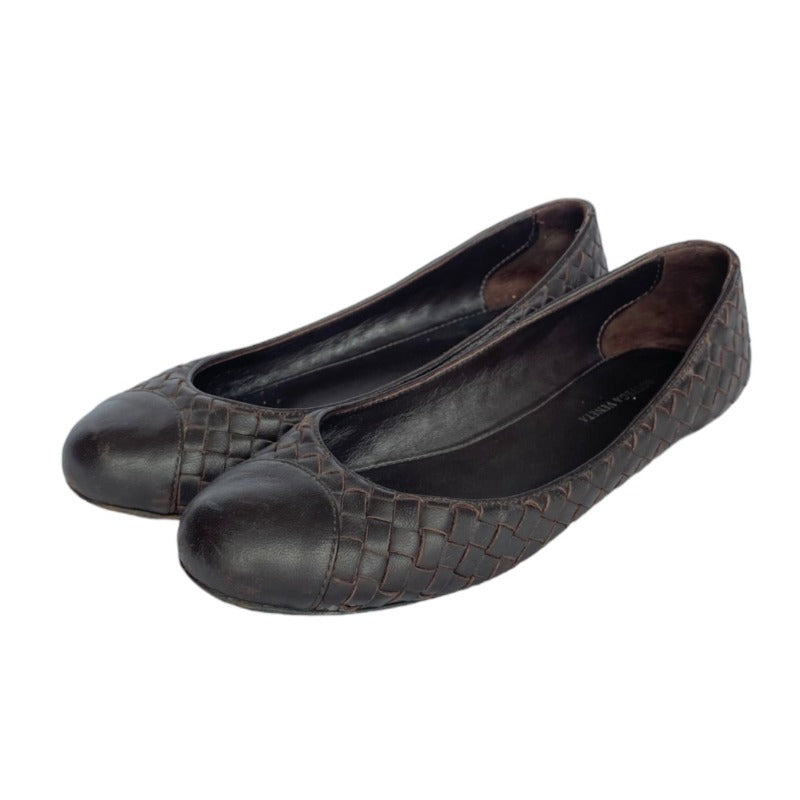 BOTTEGA VENETA  Dark Brown Intrecciato Leather Ballet Flats, Size 37