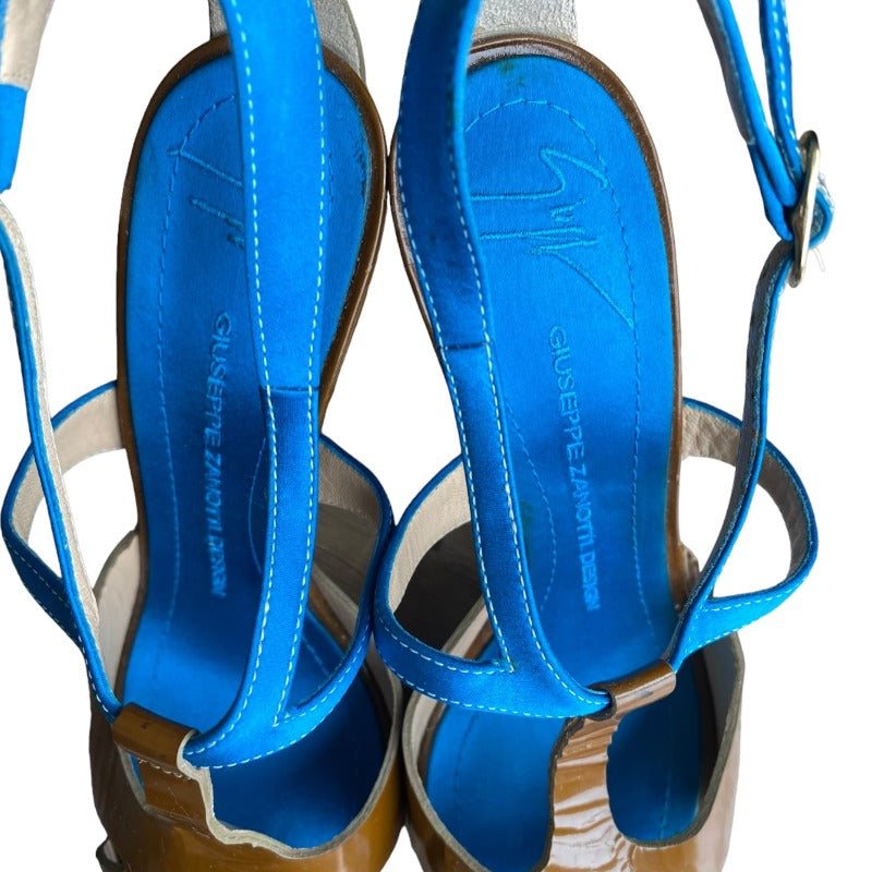 GIUSEPPE ZANOTTI Patent Leather Turquoise Satin T-Strap Tortoise Heels,  37.5