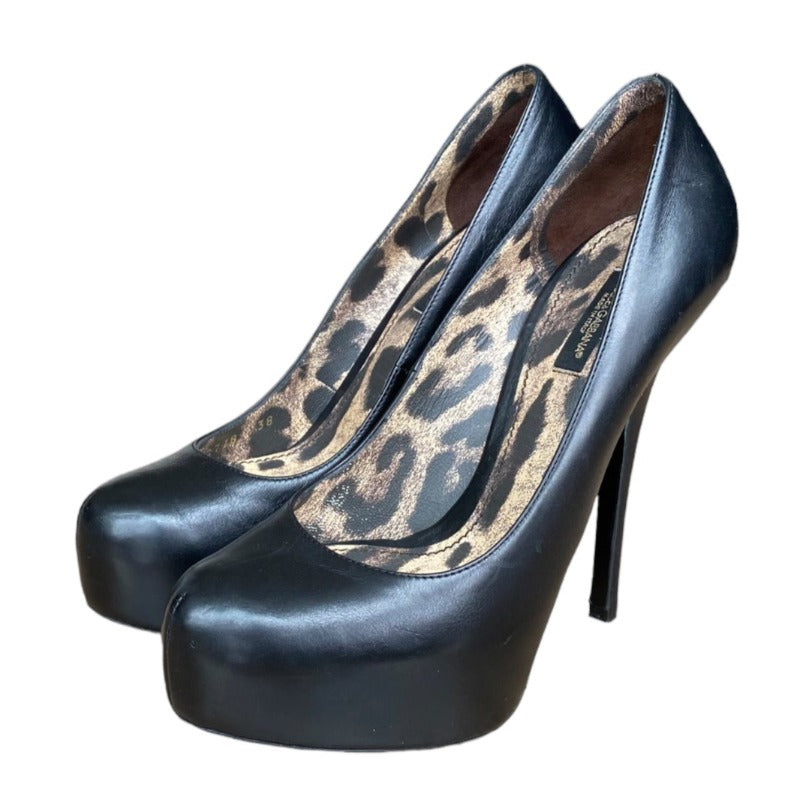 DOLCE & GABBANA Black Leather, Leopard Print Insole Platform Heels Pumps Size 38