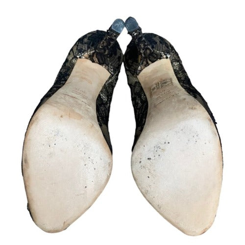 DOLCE & GABBANA Beige Satin, Black Lace Platform Peep Toe Pumps, Size 38.5