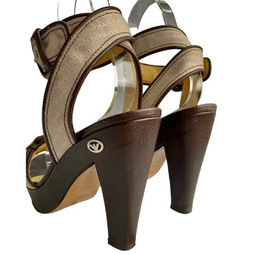 EMPORIO ARMANI Monogram Nude Strapped Brown Leather Sole Platform Sandals, Size 40