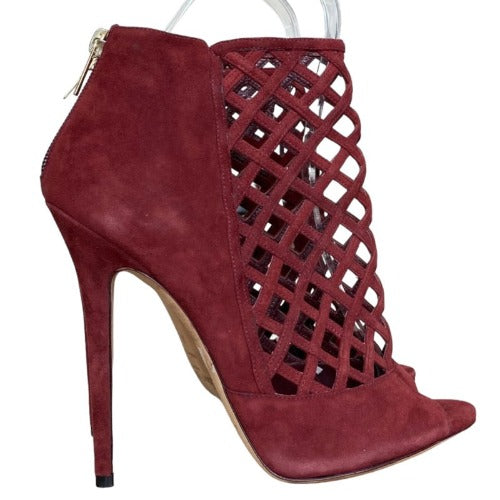 JIMMY CHOO Burgundy Suede Drift Cutout Peep-Toe Booties, Size 39
