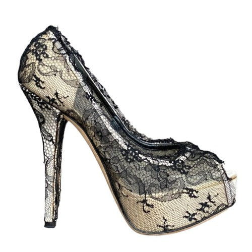 DOLCE & GABBANA Beige Satin, Black Lace Platform Peep Toe Pumps, Size 38.5