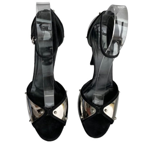 GUCCI Black Suede Silver Mirror Metal Embossed Ankle Strap Heeled Sandals, Size39
