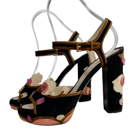 PRADA Floral Black  Suede High Heel Platform Sandals, Size 40.5