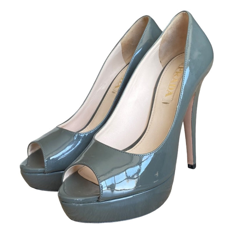 PRADA Gray Patent Leather Peep Toe Platform Pumps, Size 36