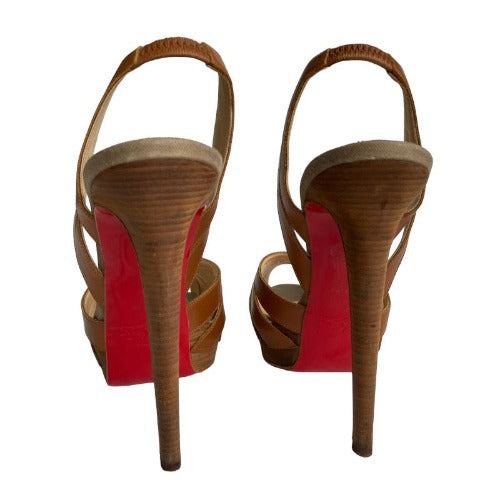CHRISTIAN LOUBOUTIN Samaya Brown Leather Cut Out Peep Toe Heels Sandals, Size 39