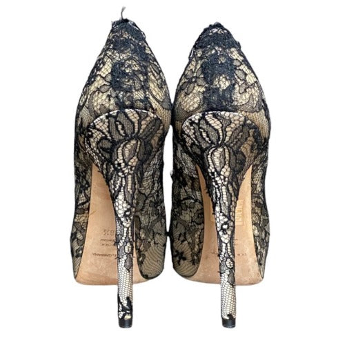 DOLCE & GABBANA Beige Satin, Black Lace Platform Peep Toe Pumps, Size 38.5