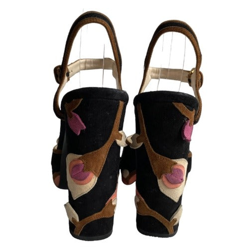 PRADA Floral Black  Suede High Heel Platform Sandals, Size 40.5