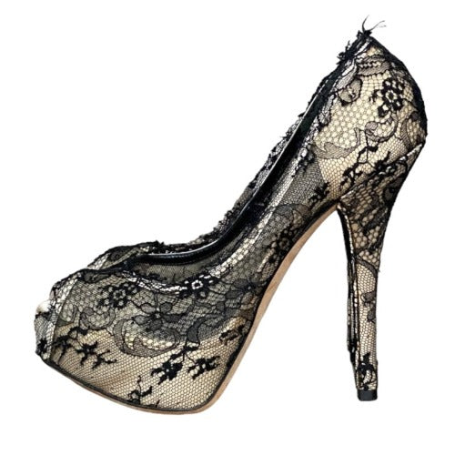 DOLCE & GABBANA Beige Satin, Black Lace Platform Peep Toe Pumps, Size 38.5