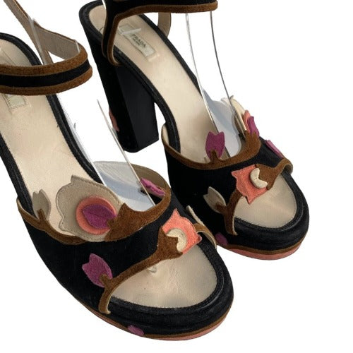 PRADA Floral Black  Suede High Heel Platform Sandals, Size 40.5