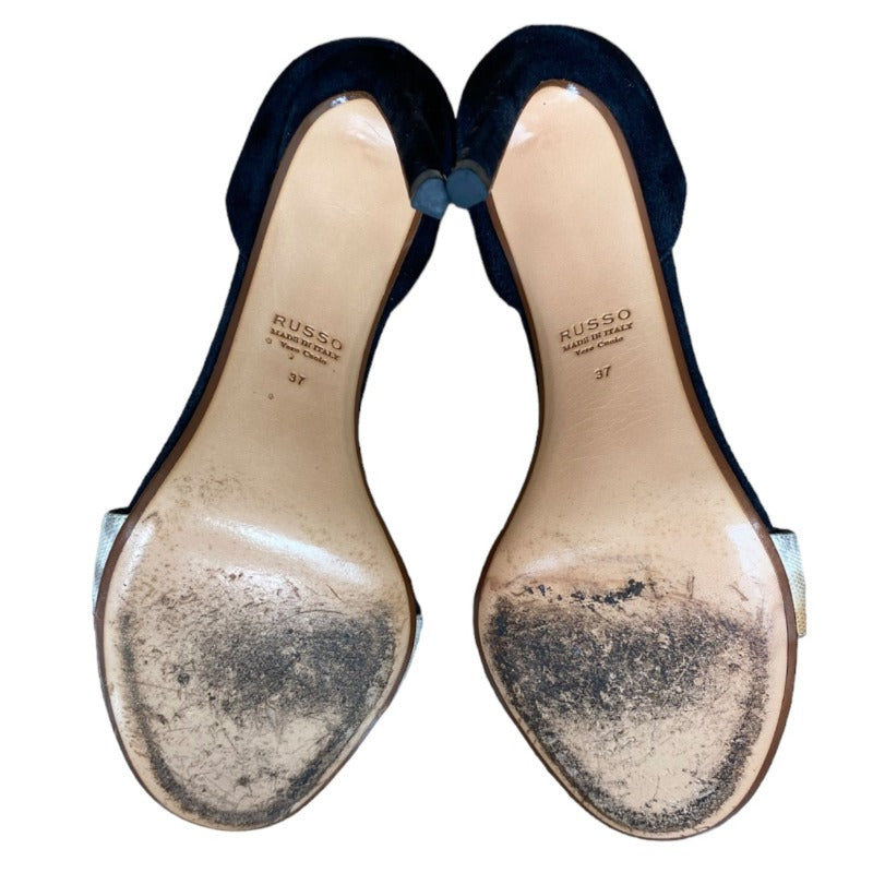 FRANCESCO RUSSO Riso 87 Black  Suede Greige Nubuck D’Orsay Open Toe Sandals, 37