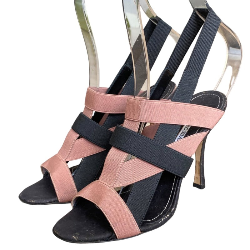 MANOLO BLAHNIK Black & Pink Elastic Bands, Cork Sole Slingback Sandals, Size 36