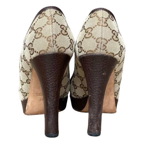 GUCCI Beige Supreme Monogram Canvas & Leather Bit Platform Pumps, Size 39
