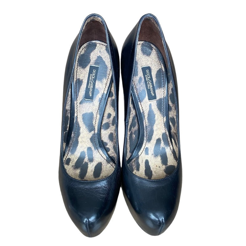 DOLCE & GABBANA Black Leather, Leopard Print Insole Platform Heels Pumps Size 38