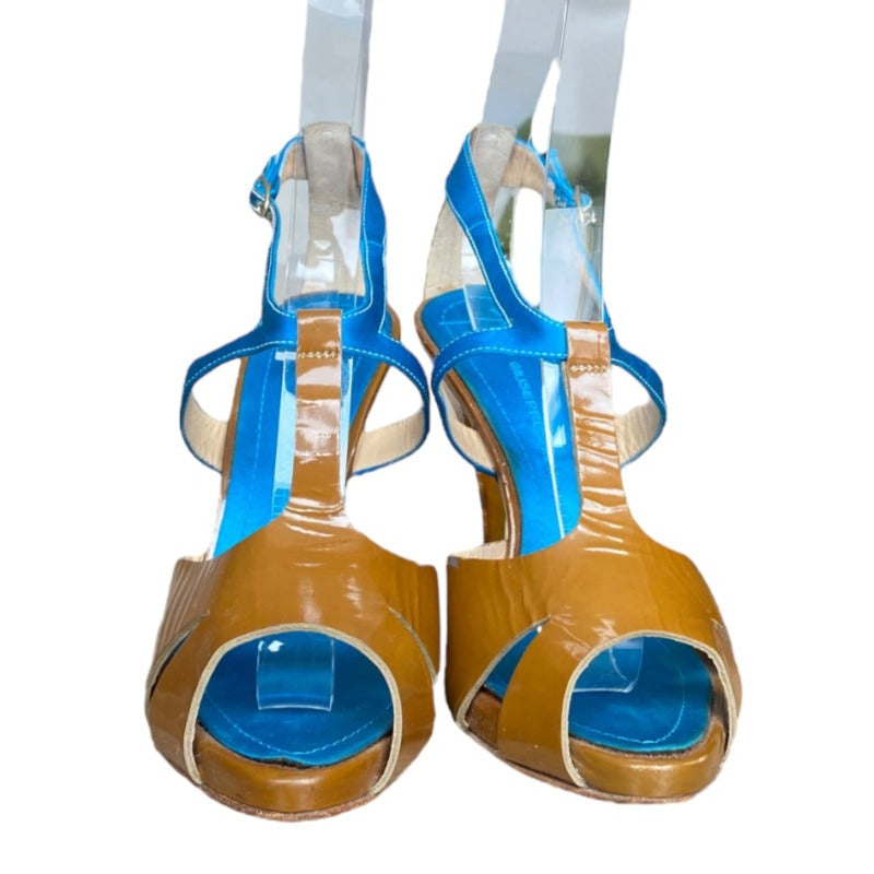 GIUSEPPE ZANOTTI Patent Leather Turquoise Satin T-Strap Tortoise Heels,  37.5