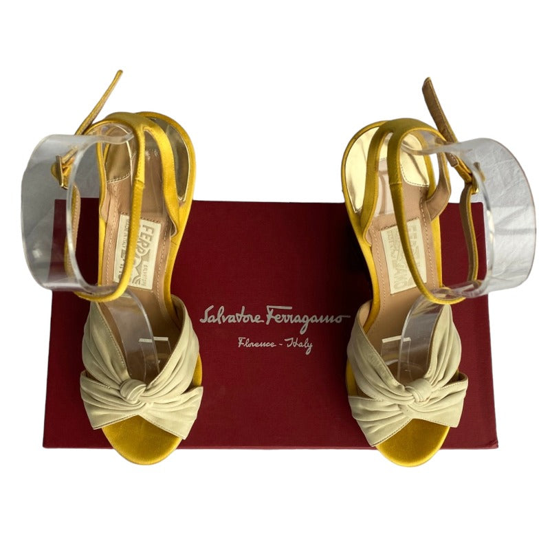 SALVATORE FERRAGAMO Suna Nude Leather Yellow Satin Straps Woven Wedges, Size 36
