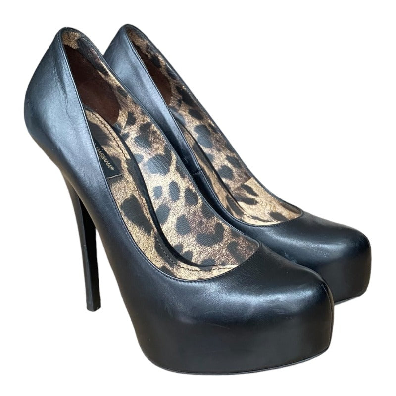 DOLCE & GABBANA Black Leather, Leopard Print Insole Platform Heels Pumps Size 38