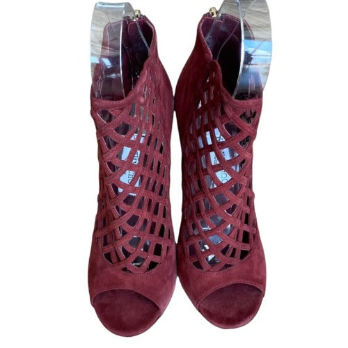JIMMY CHOO Burgundy Suede Drift Cutout Peep-Toe Booties, Size 39