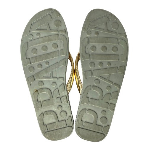 PRADA Sport Gold Patent Leather Prada Logo  Flip Flop Rubber Sandals, Size 41