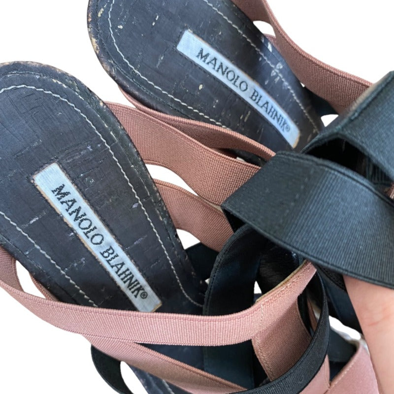 MANOLO BLAHNIK Black & Pink Elastic Bands, Cork Sole Slingback Sandals, Size 36